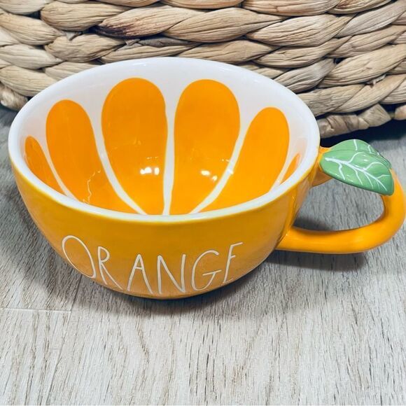 NWT Set of 2,Gorgeous Rae Dunn ORANGE Glossy Ceramic Mugs Set with leaf handle - Picture 16 of 17